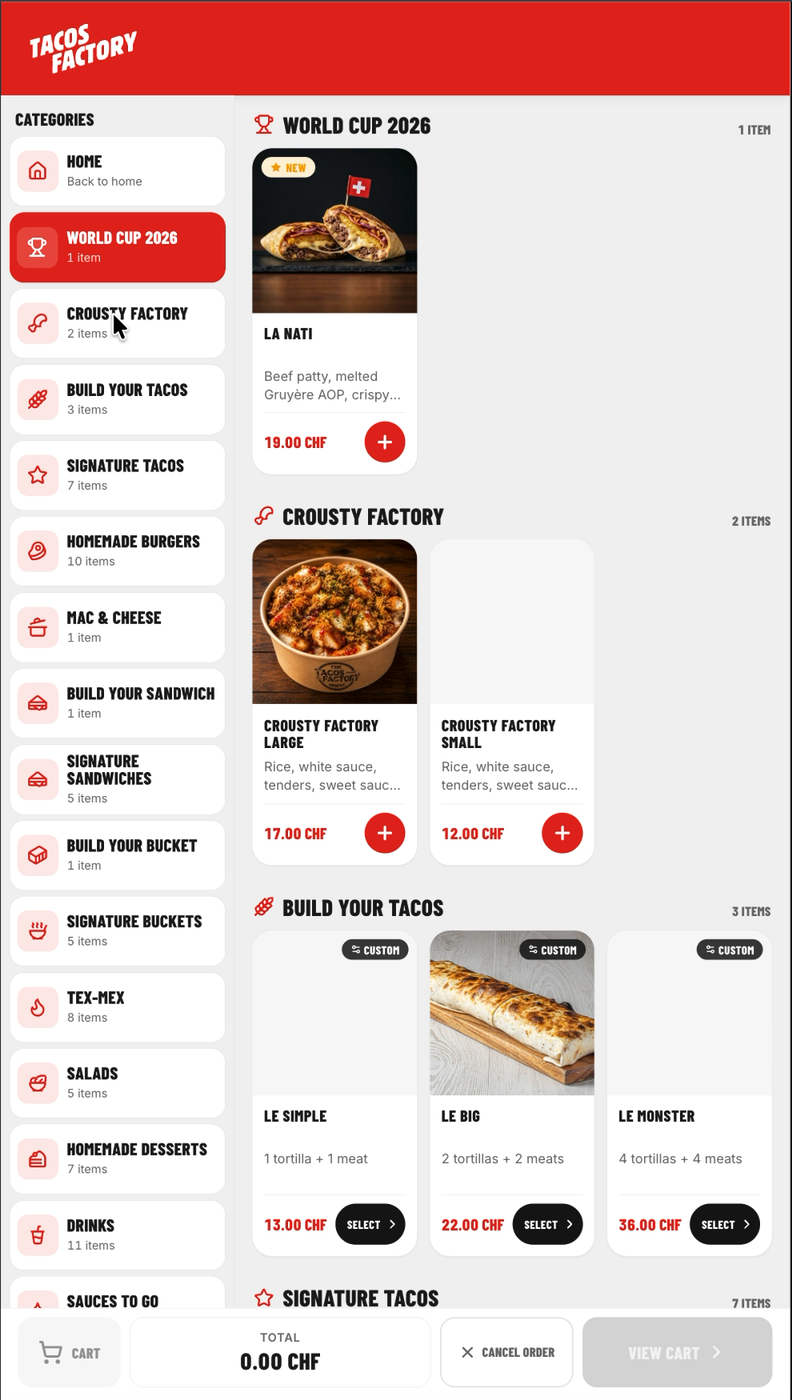 Screen recording of a customer ordering on a portrait self-service kiosk, from menu browse through item configuration to cart