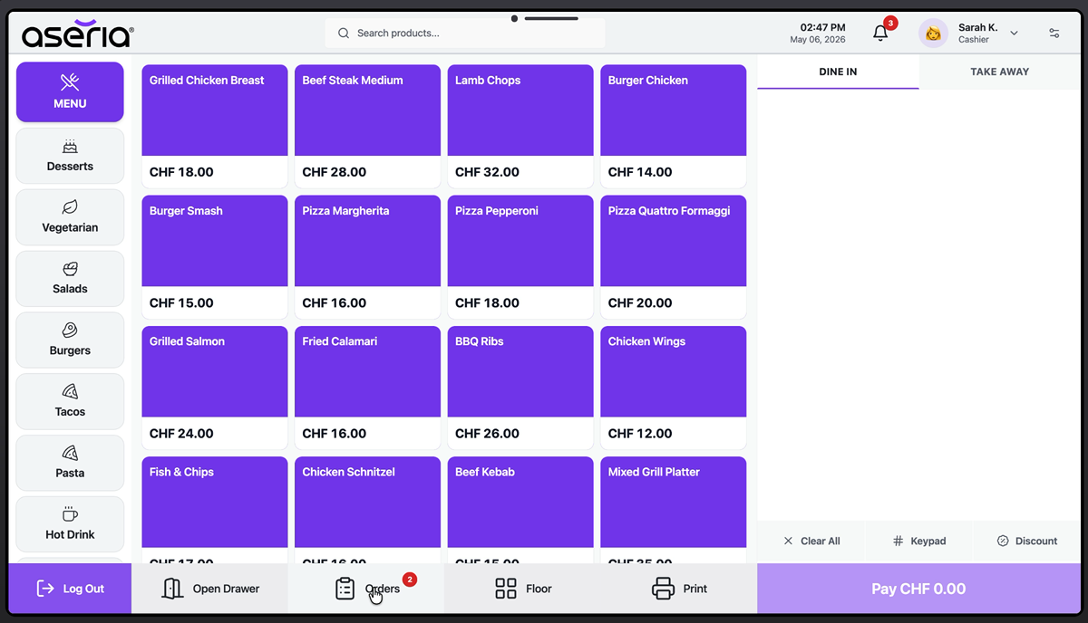 Screen recording of a complete Aseria POS service flow from empty ticket through payment