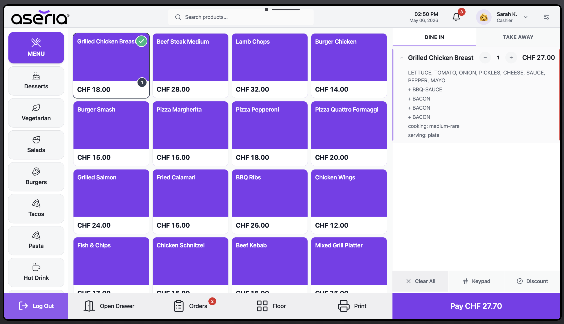Aseria POS order screen with a menu grid, category rail, and an open dine-in ticket showing a configured item