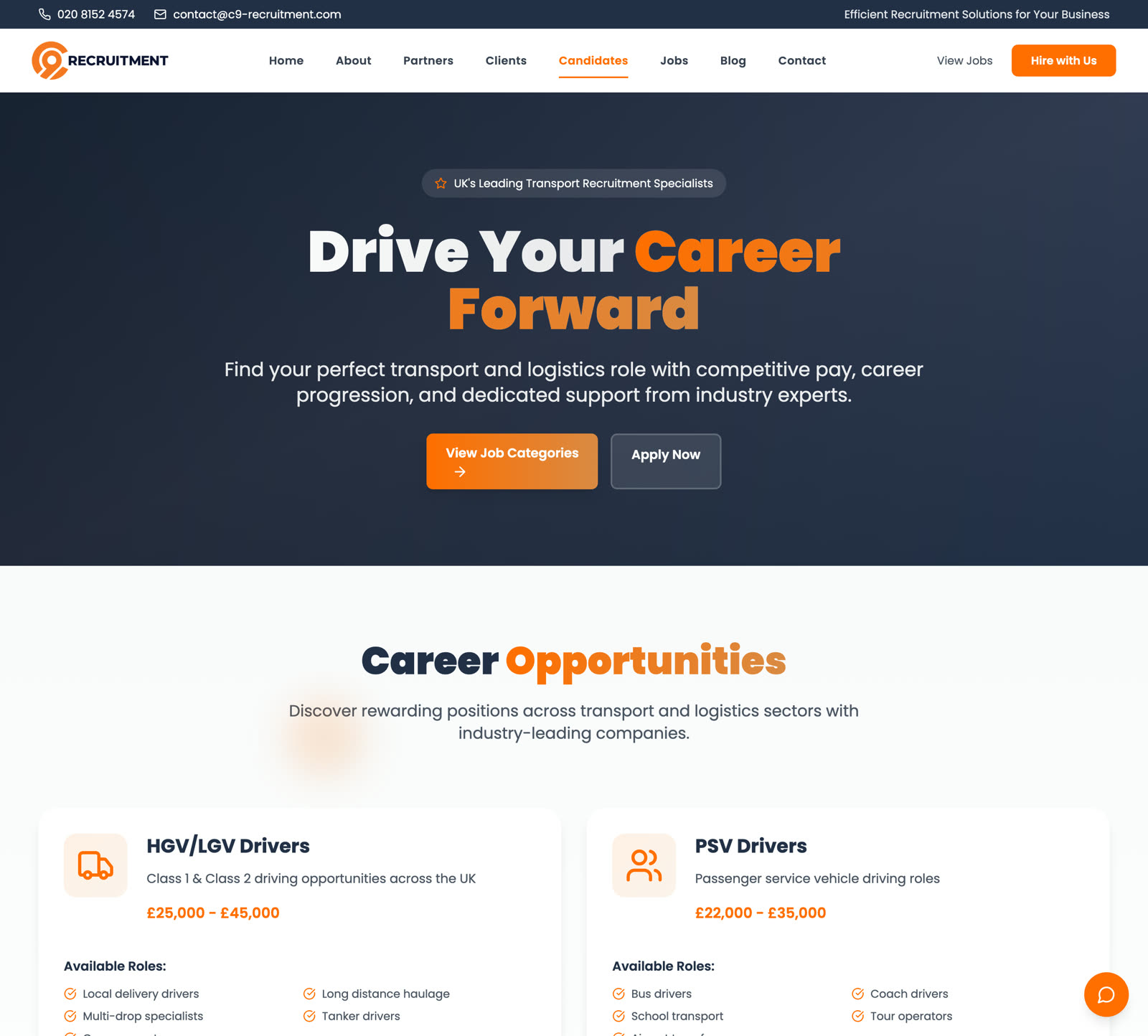 C9 candidates page showing career categories for HGV/LGV and PSV drivers with salary ranges and role lists