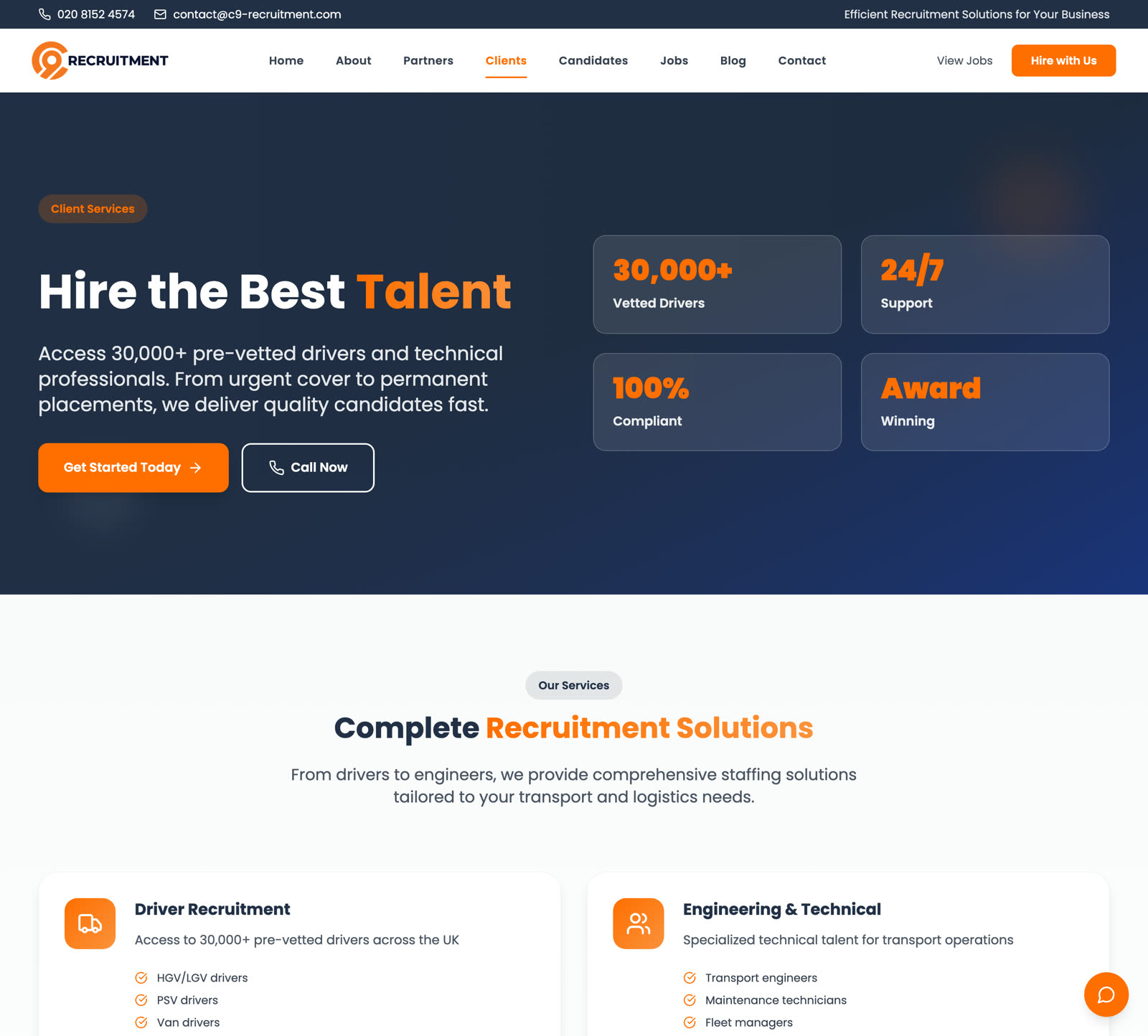 C9 client services page with statistics for vetted drivers, support hours, compliance rate, and awards