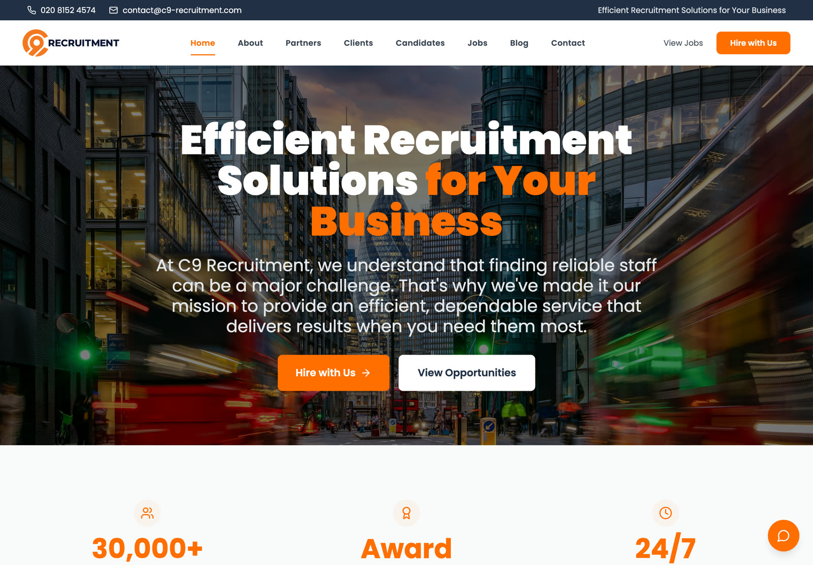 C9 Recruitment homepage with a hero banner and headline statistics for database size, awards, and support hours