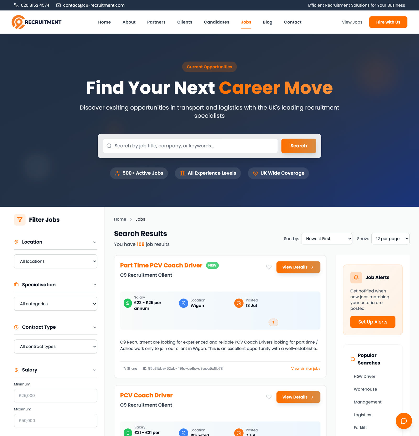 C9 job board showing 108 live results with filters for location, specialisation, contract type, and salary