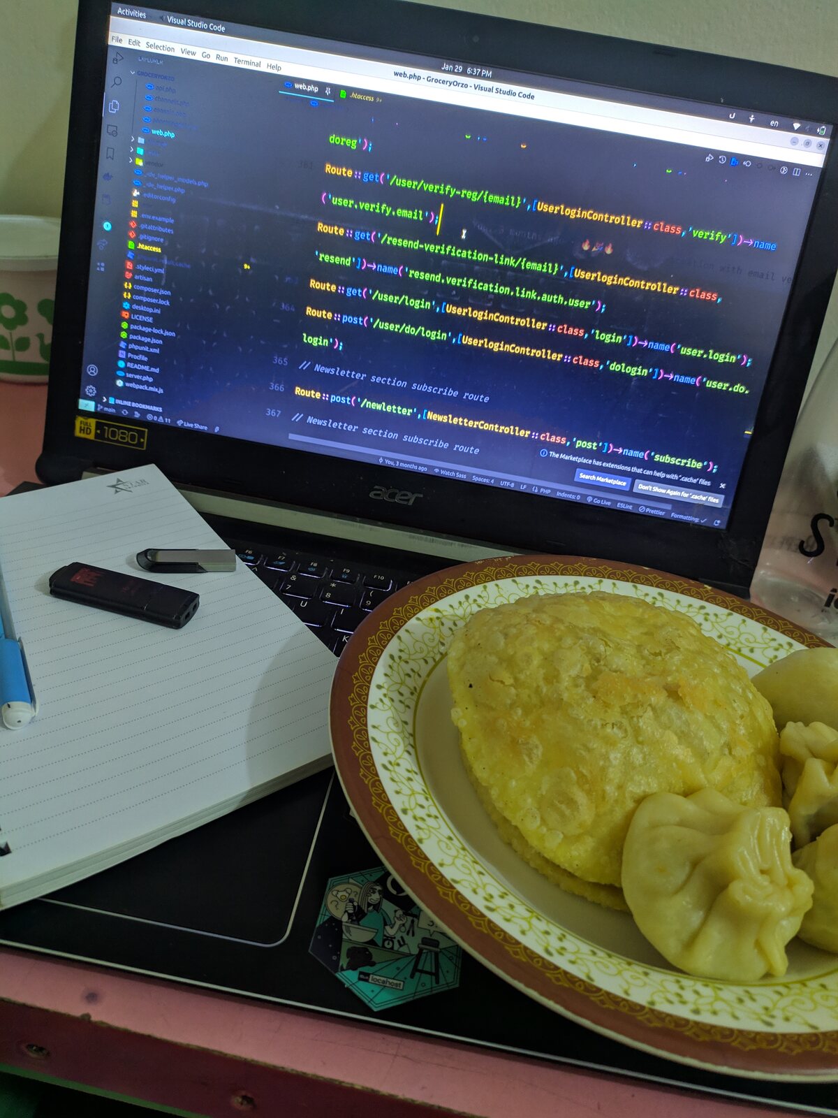 A small potted plant beside a laptop showing code.